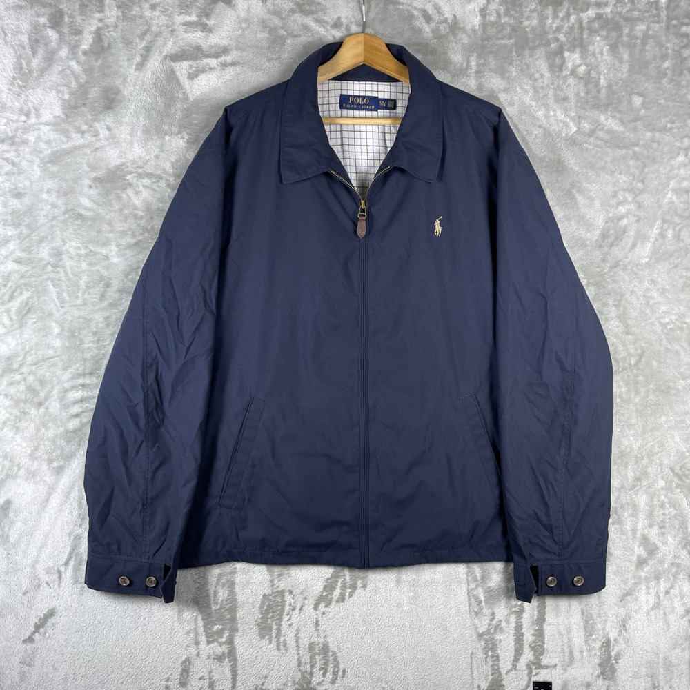 Polo Ralph Lauren Harrington Jacket Men XXL Navy Blue Plaid Lined Full Zip Logo